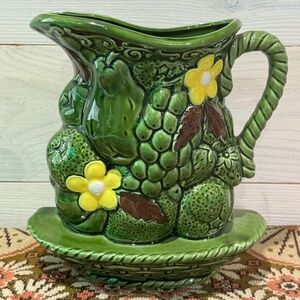 Vintage Ceramic Green Pitcher Fruit Floral Hanging Wall Planter Made In Japan